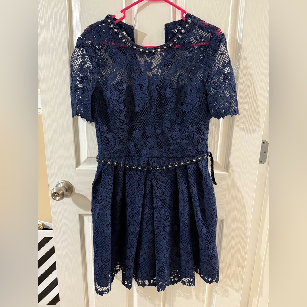 Self-Portrait Navy Lace Dress with Pearl Accents